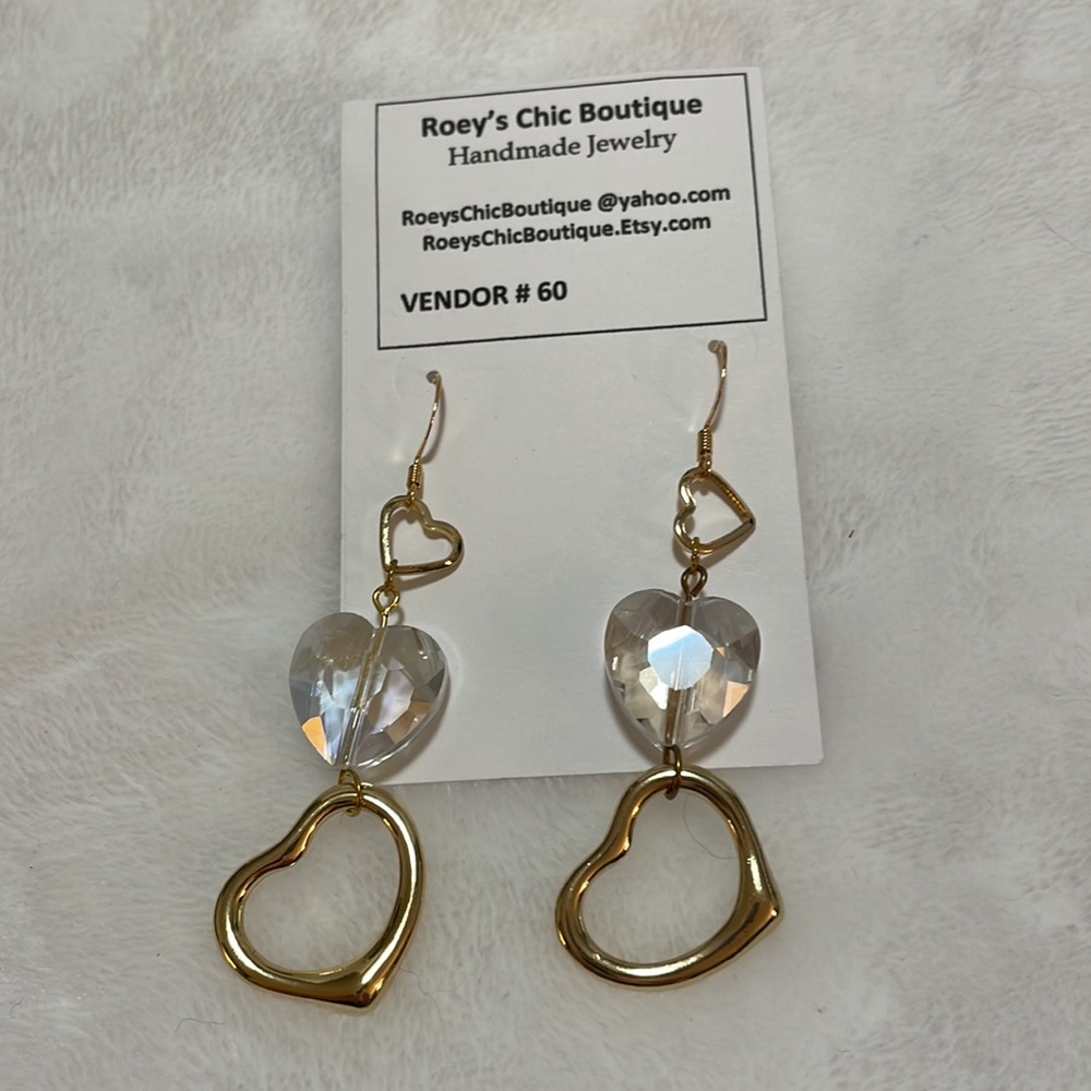 Gold and Crystal Heart Dangle Earrings 22K GP Ear Wires - Picture 6 of 6